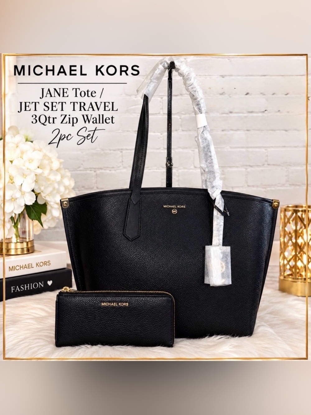 Michael Kors JANE Tote/JET SET TRAVEL 3Qtr Zip Wallet 2pc Set